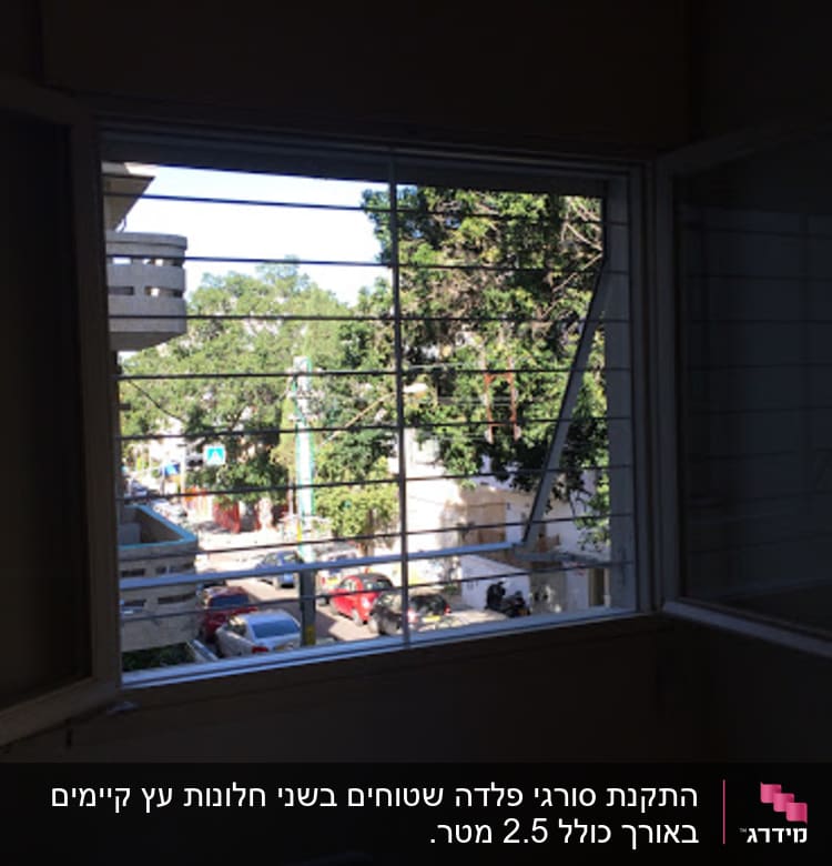 חלון פתוח עם סורגים, נוף חיצוני של עצים